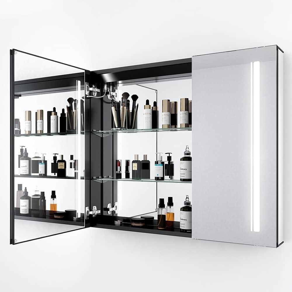 buy LED illuminated bathroom cabinets temperature shaver socket demister strip