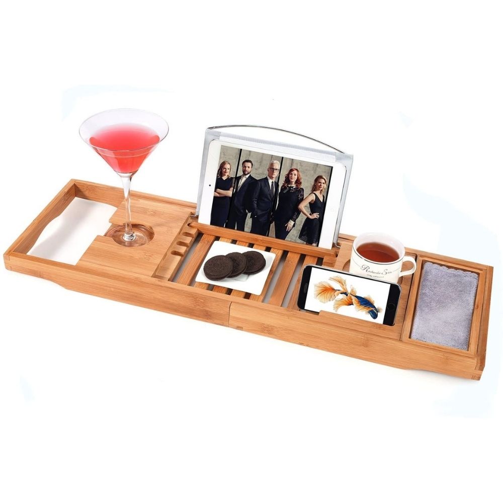 buy natural bamboo bath caddy bridge wine glass holder